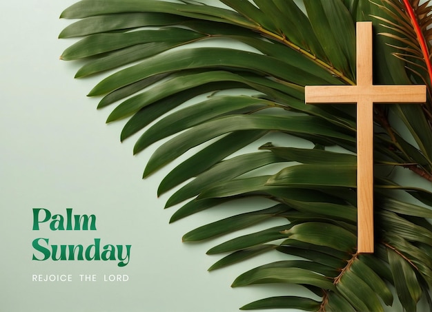 PSD palm sunday concept palm tree branches on right side with wooden christian cross