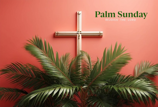 PSD palm sunday concept palm tree branches with christian cross on middle of the canvas