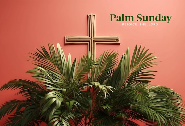 Palm Sunday concept palm tree branches with Christian cross on middle of the canvas