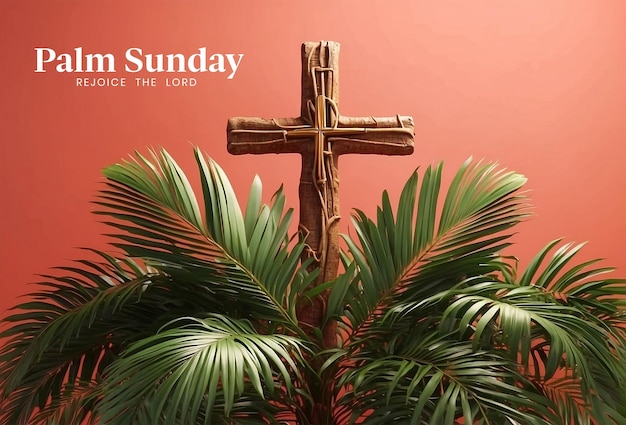 PSD palm sunday concept palm tree branches with christian cross on middle of the canvas