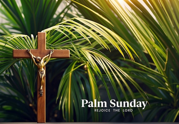 PSD palm sunday concept palm tree branches with decorated christian cross background