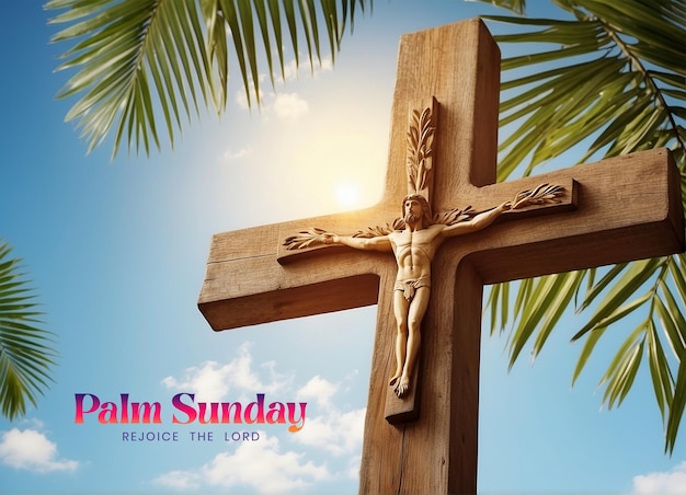 Palm Sunday concept palm tree branches with decorated wooden Christian cross background