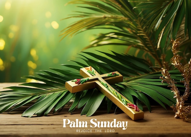 Palm Sunday concept palm tree branches with decorated wooden Christian cross on green background