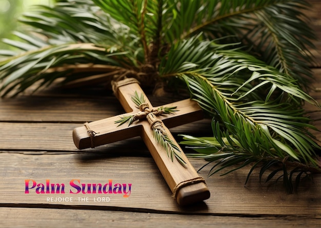 Palm Sunday concept palm tree branches with decorated wooden Christian cross on wooden background