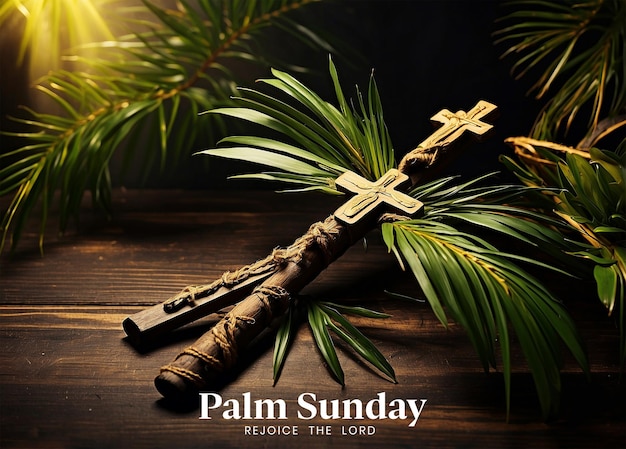 Palm Sunday concept palm tree branches with decorated wooden Christian cross on wooden background