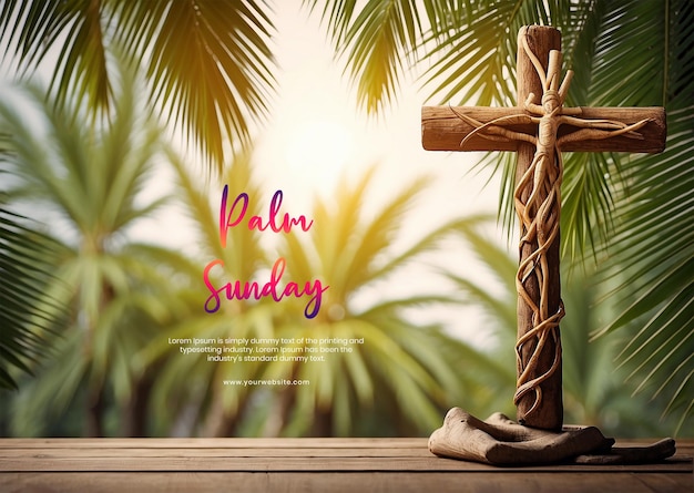 PSD palm sunday concept wooden christian cross on day time palm trees background