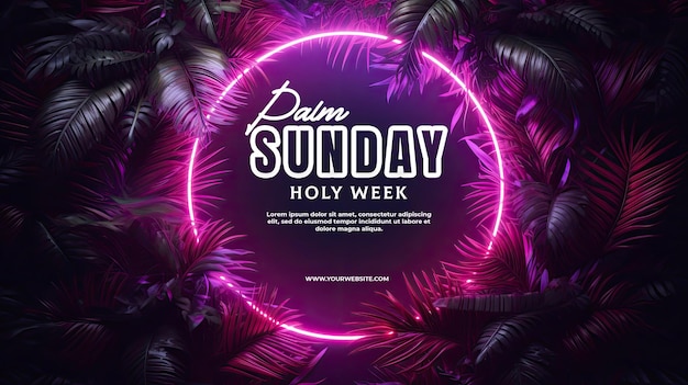 Palm sunday holly week with purple circular neon lights background