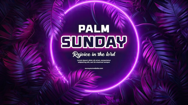 Palm sunday holly week with purple circular neon lights background