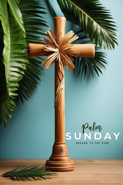 PSD palm sunday poster template for christian holiday with palm tree leaves and cross