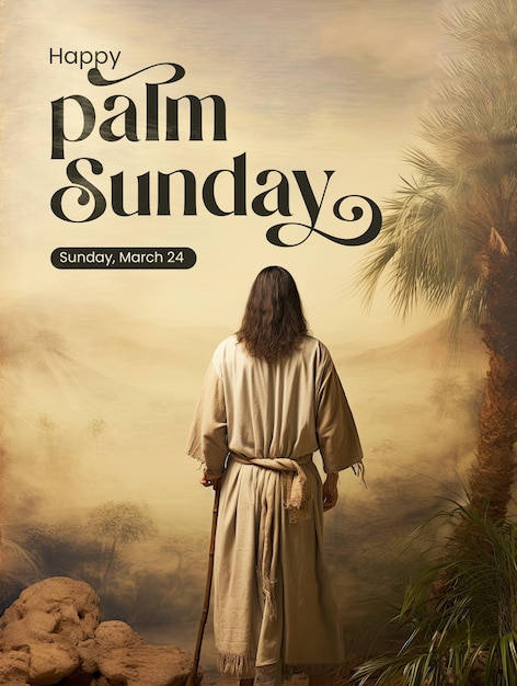Palm sunday poster template with back of jesus holding a staff looking at palm tree
