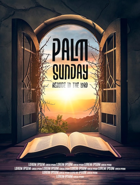 Palm sunday poster template with christian cross and open book with crown of thorns with doors back