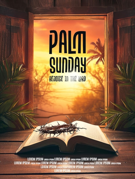 Modello di poster domenicale di palma con croce cristiana e libro aperto con corona di spine con porte sul retro