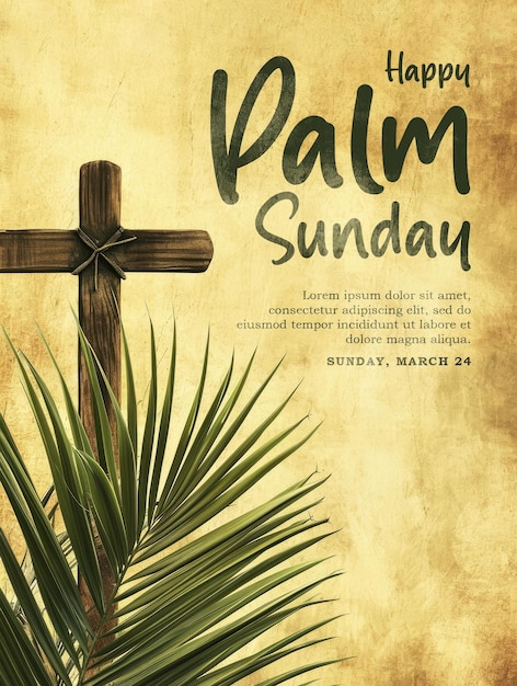 Modello di poster domenicale con croce e palma su sfondo vintage