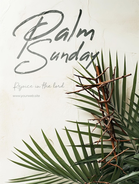 PSD Шаблон плаката на воскресенье с короной тернов, крестом и пальмовыми листьями, пальмовое воскресенье и пасха.
