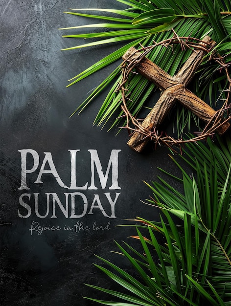 PSD modello di poster di domenica con croce di spine croce e foglie di palma domenica di palma e giorno di pasqua.