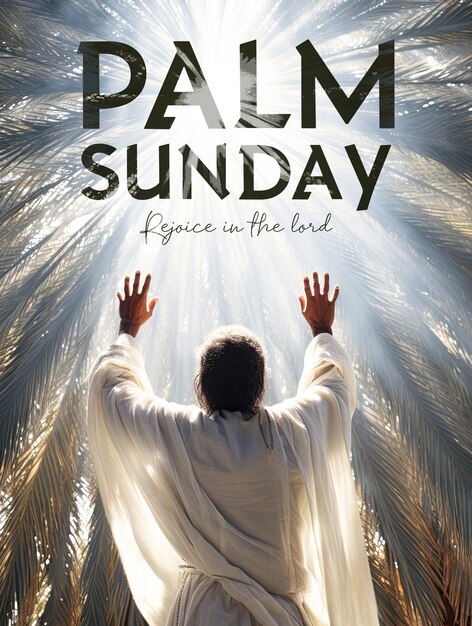 PSD palm sunday poster template with praising jesus in white linen cloth blown by the sun