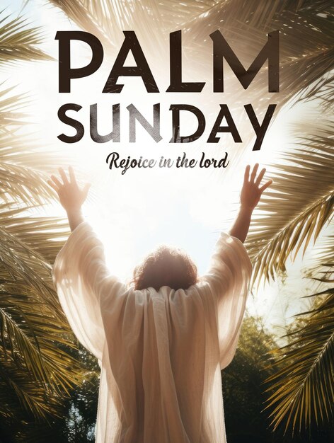 PSD palm sunday poster template with praising jesus in white linen cloth blown by the sun