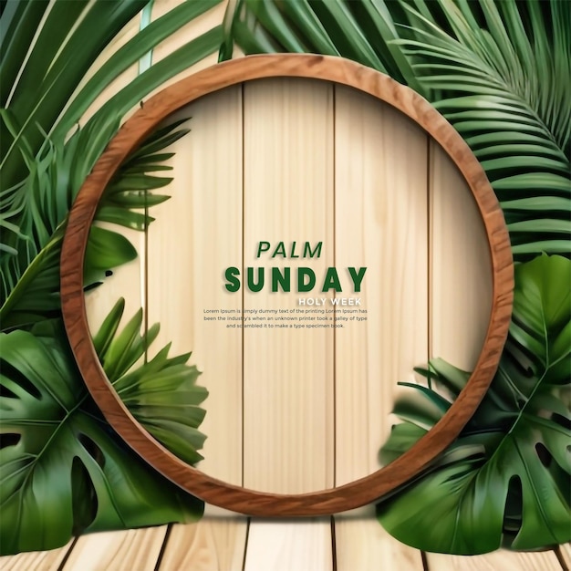 PSD palm sunday wooden background and holiday palm leaves a gap in the middle with a frame