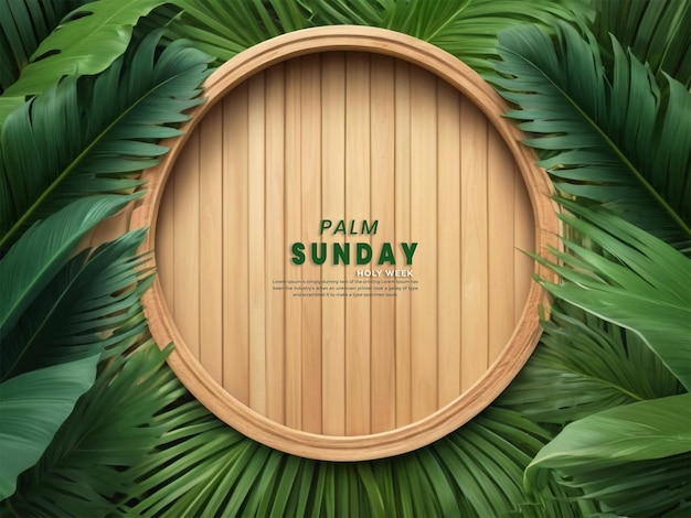 PSD palm sunday wooden background and holiday palm leaves a gap in the middle with a frame