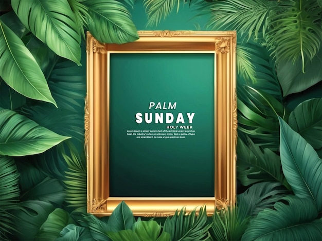 PSD palm sunday wooden background and holiday palm leaves a gap in the middle with a frame