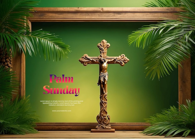 Palm tree branches with decorated wooden Christian cross outside of a green decorated big frame