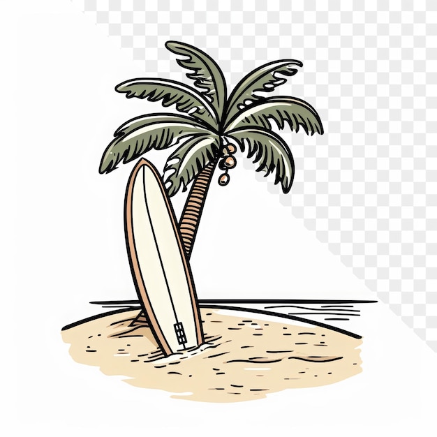 A palm tree is standing in the sand next to a surfboard