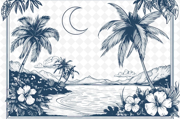 PSD palm trees and the beach in the style of art period