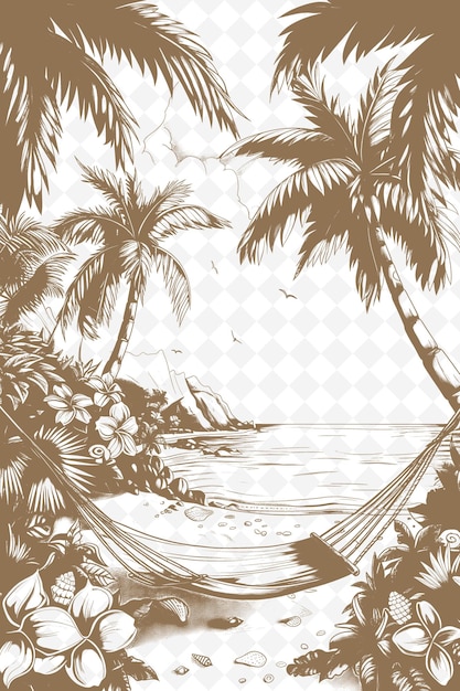 PSD palm trees on the beach in the style of engraving