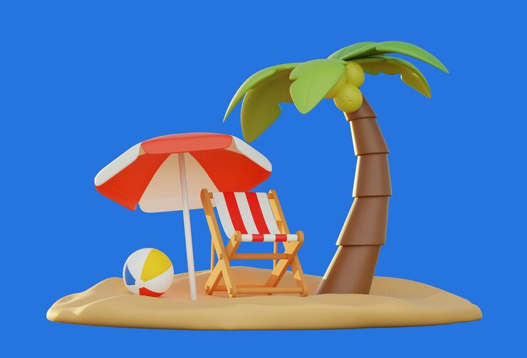 PSD palmboom met parasol en zonnebank op het zand