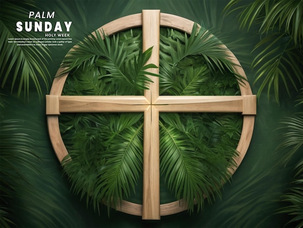 Palmsondag een houten kruis feestelijke banner ontwerp met palmblaadjes