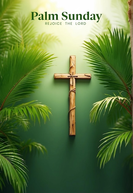 Palmzondag concept bos palmbomen takken met christelijk kruis op lichtgroene achtergrond