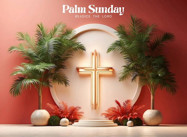 PSD palmzondag concept christelijk kruisteken versierd met palmbakken op rode achtergrond