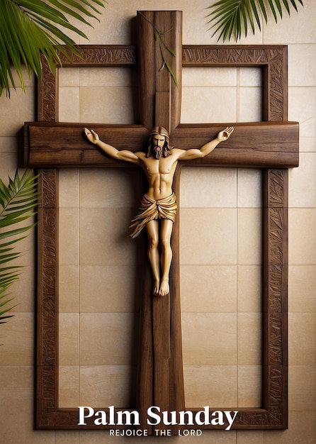 PSD palmzondag concept natuurlijke palmbomen takken met versierde houten christelijke kruis achtergrond