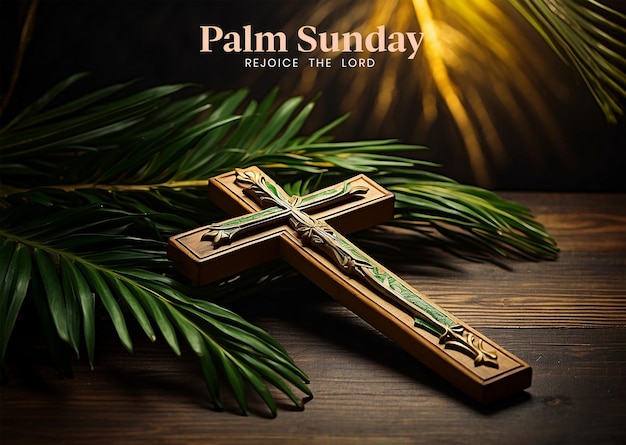 Palmzondag concept palm takken met versierd houten christelijk kruis op houten achtergrond