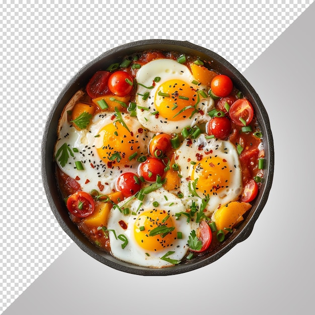 A pan of eggs with tomatoes and herbs