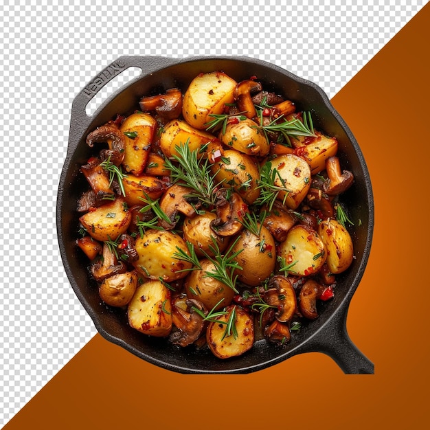 PSD a pan of potatoes with a black background with a red and black border