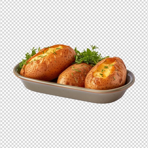 PSD pan with three baked potatoes on transparent white background