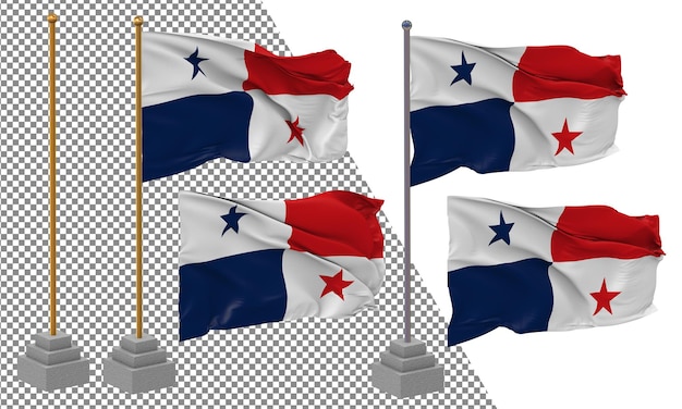 Panama flag waving different style with stand pole isolated 3d rendering