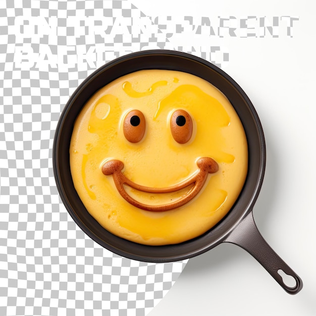 PSD pancake w kształcie uśmiechu na żółtej patelni selektywna ostrość widok z góry izolowany na przezroczystym tle