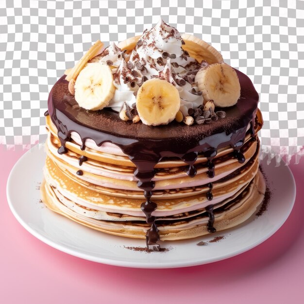 A pancake with bananas and syrup on it sits on a plate