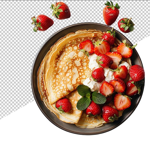 A pancake with strawberries and strawberries on it