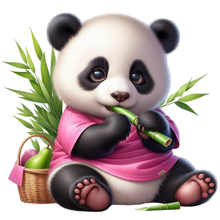 PSD a panda bear holding a bamboo basket with bamboo in it