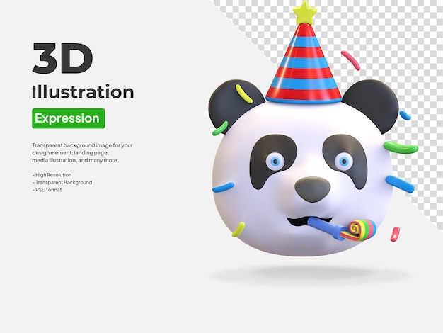 PSD panda wearing birthday party hat emoticon cartoon 3d render illustration