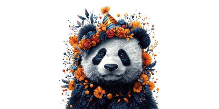 PSD panda with party hat and floral wreath isolated on transparent background