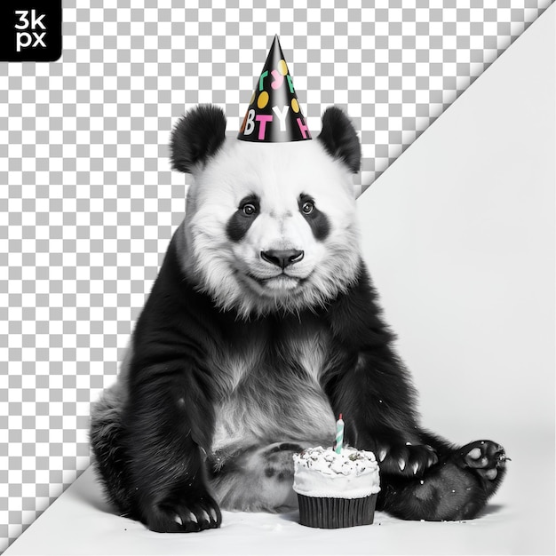 PSD panda z kapeluszem partyjnym siedzi obok cupcake'a