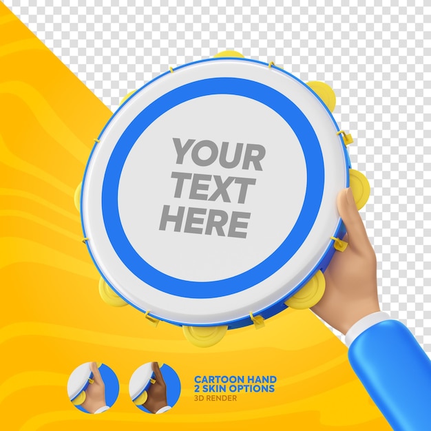 PSD pandeiro instrument mockup met cartoon hand 3d voor braziliaanse carnaval