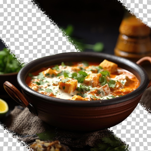 PSD paneer butter masala podawana w misce ze śmietaną i korianderem na przezroczystym tle