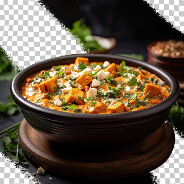 Paneer butter masala served in a bowl with cream and coriander on a transparent background