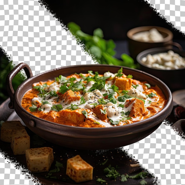 PSD paneer butter masala подается в миске с сливками и кориандром на прозрачном фоне