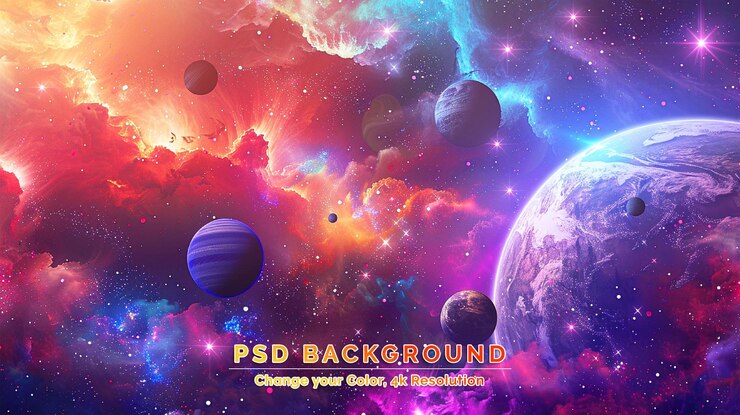 PSD panorama kosmiczna scena z planetami, gwiazdami i galaktykami szablon baneru